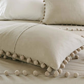 3 Pcs Luxury Duvet Set With Pom Pom Lace - Beige